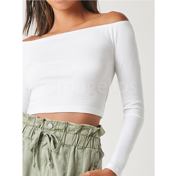 White Off The Shoulder Long Sleeve Crop Top Fitted - Picture 4 of 7